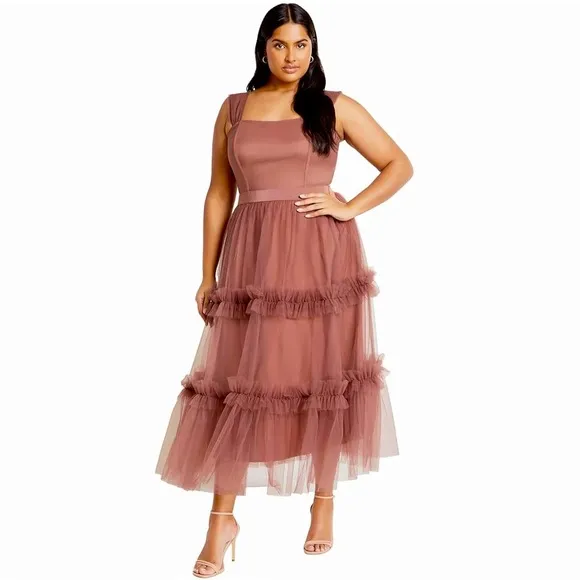 🆕 City Chic pink Dusty Rose layered lightweight Tulle Dress Flattering Fun Prom
