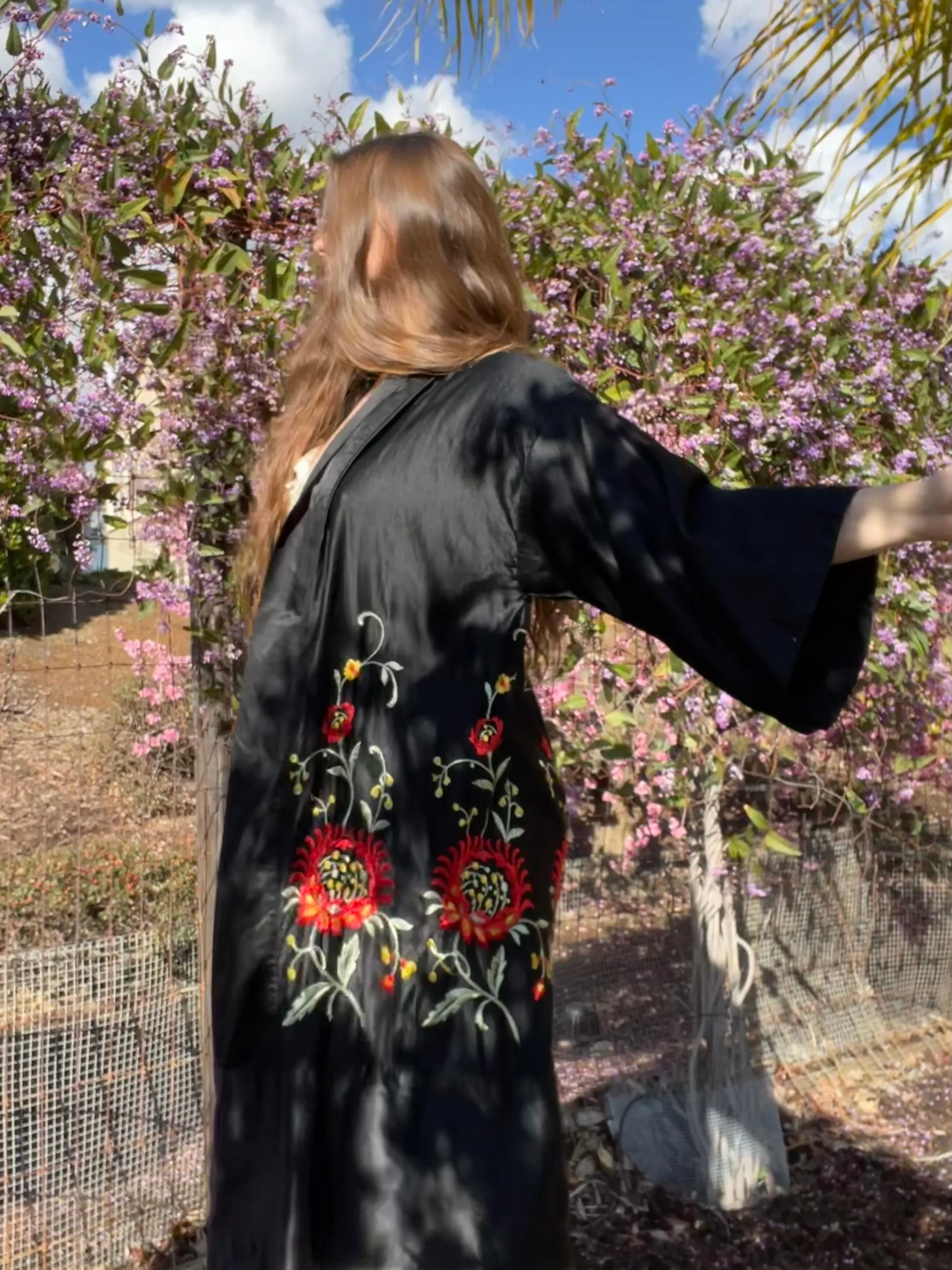 1920s Embroidered Noir Silk Robe