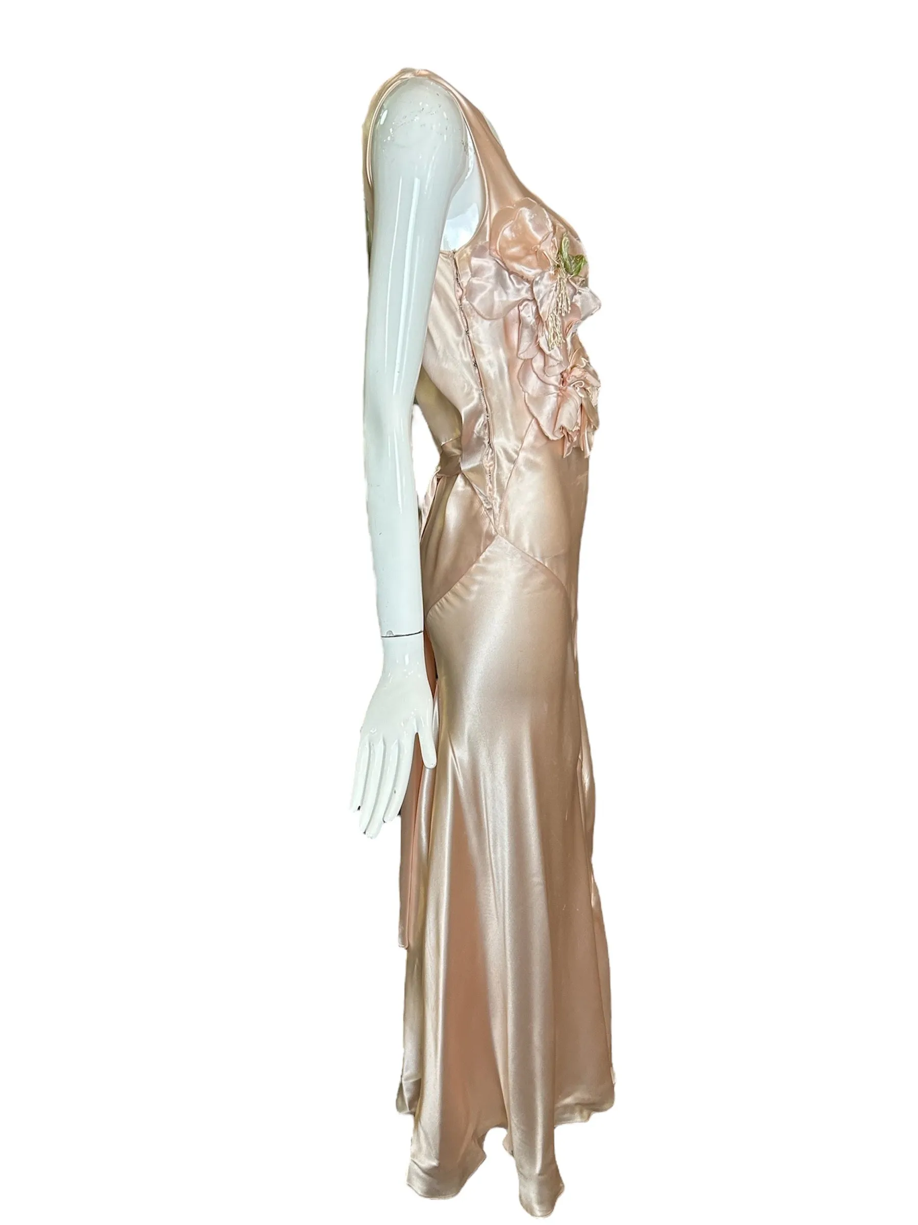 1930s Delicate Blush Pink Satin Bias-Cut Gown with Floral Accent