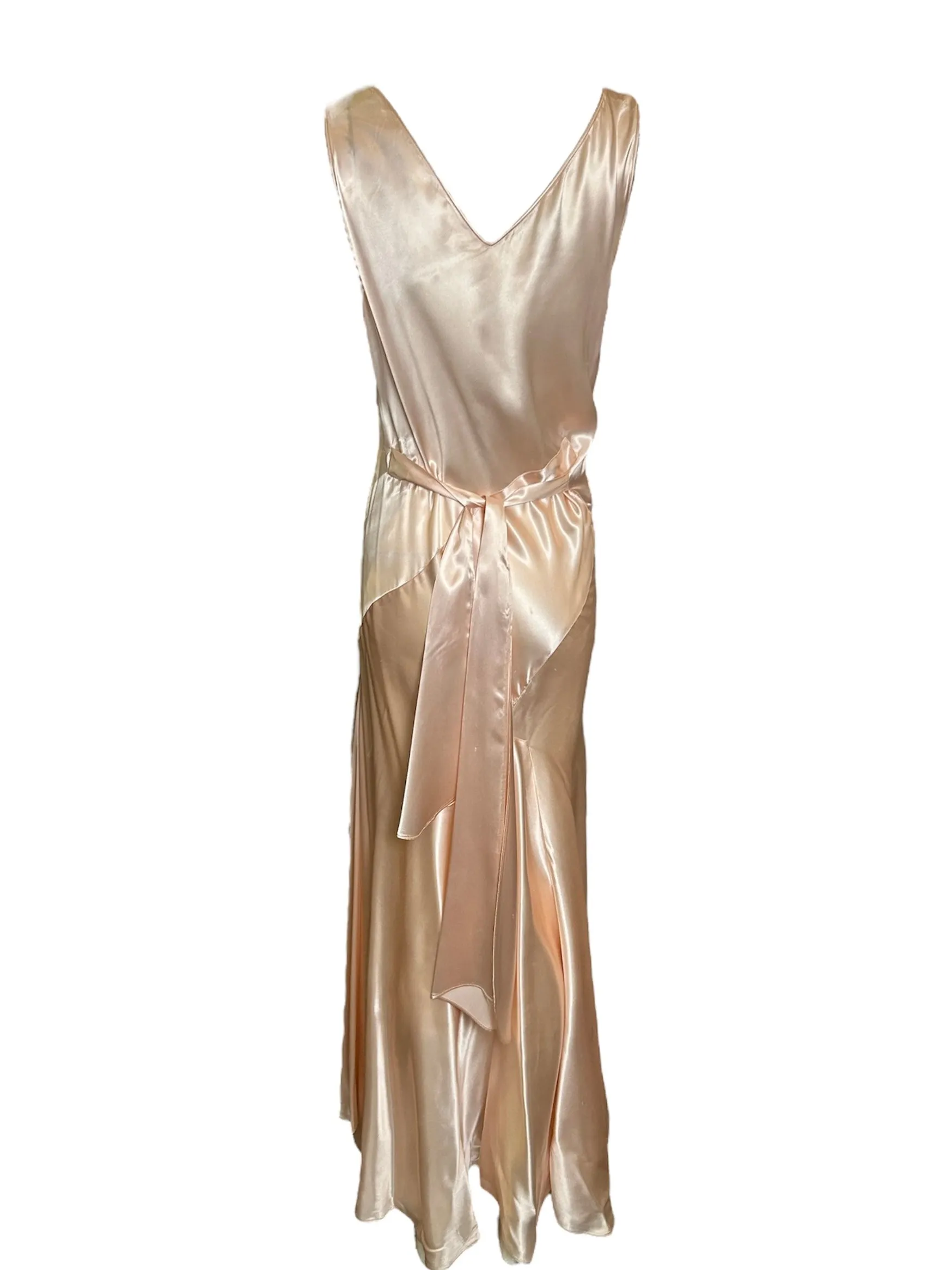 1930s Delicate Blush Pink Satin Bias-Cut Gown with Floral Accent