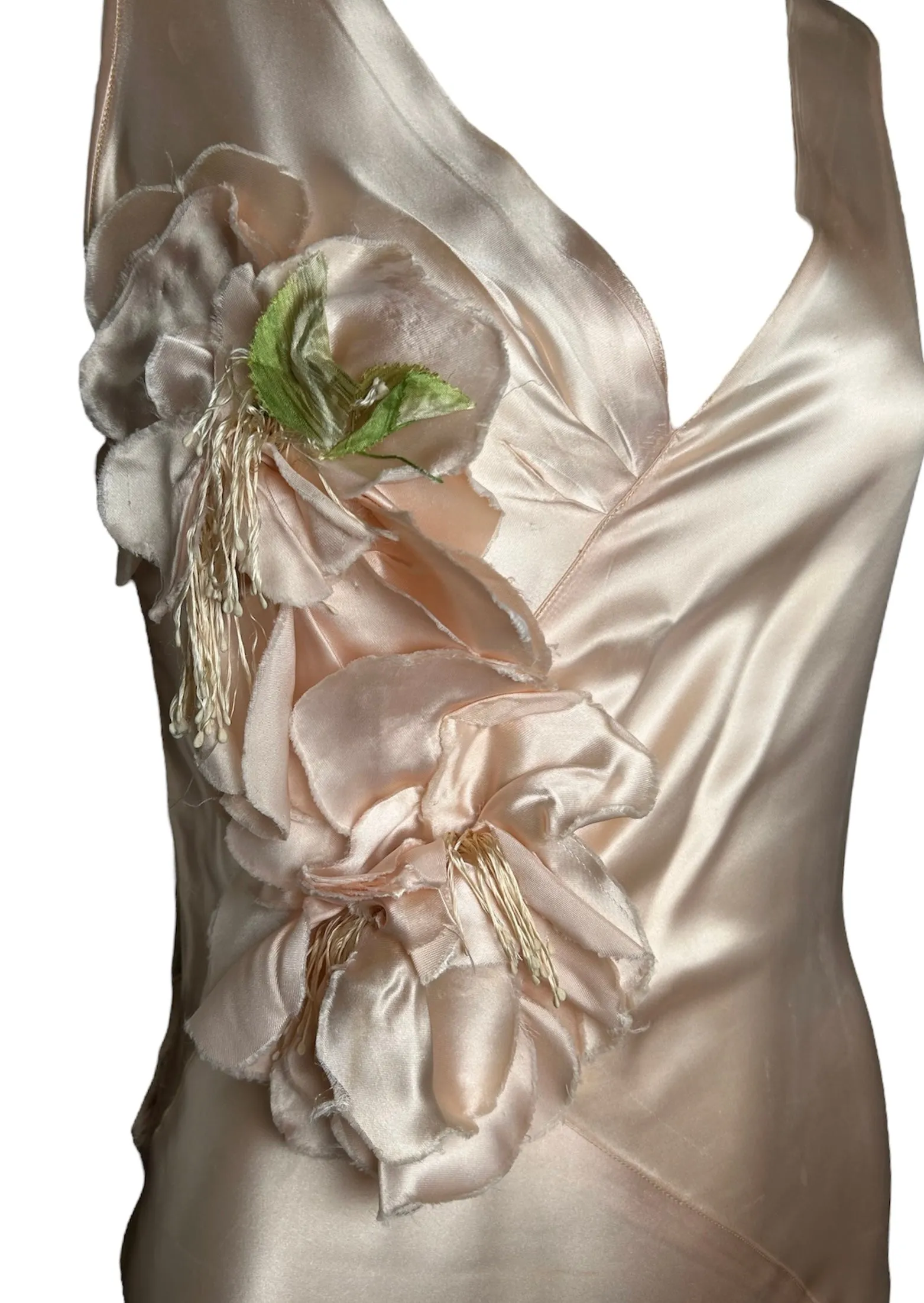 1930s Delicate Blush Pink Satin Bias-Cut Gown with Floral Accent