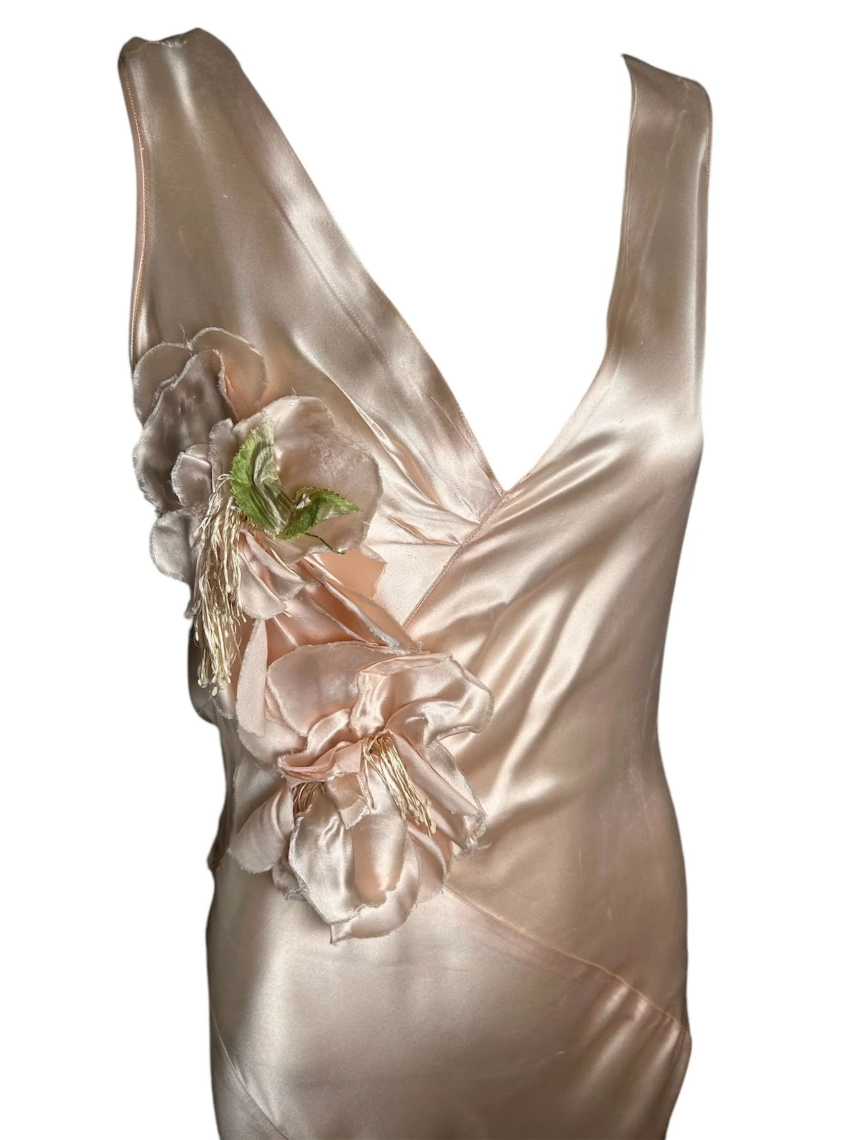 1930s Delicate Blush Pink Satin Bias-Cut Gown with Floral Accent