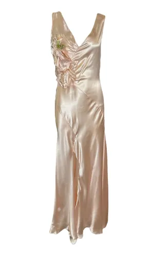1930s Delicate Blush Pink Satin Bias-Cut Gown with Floral Accent
