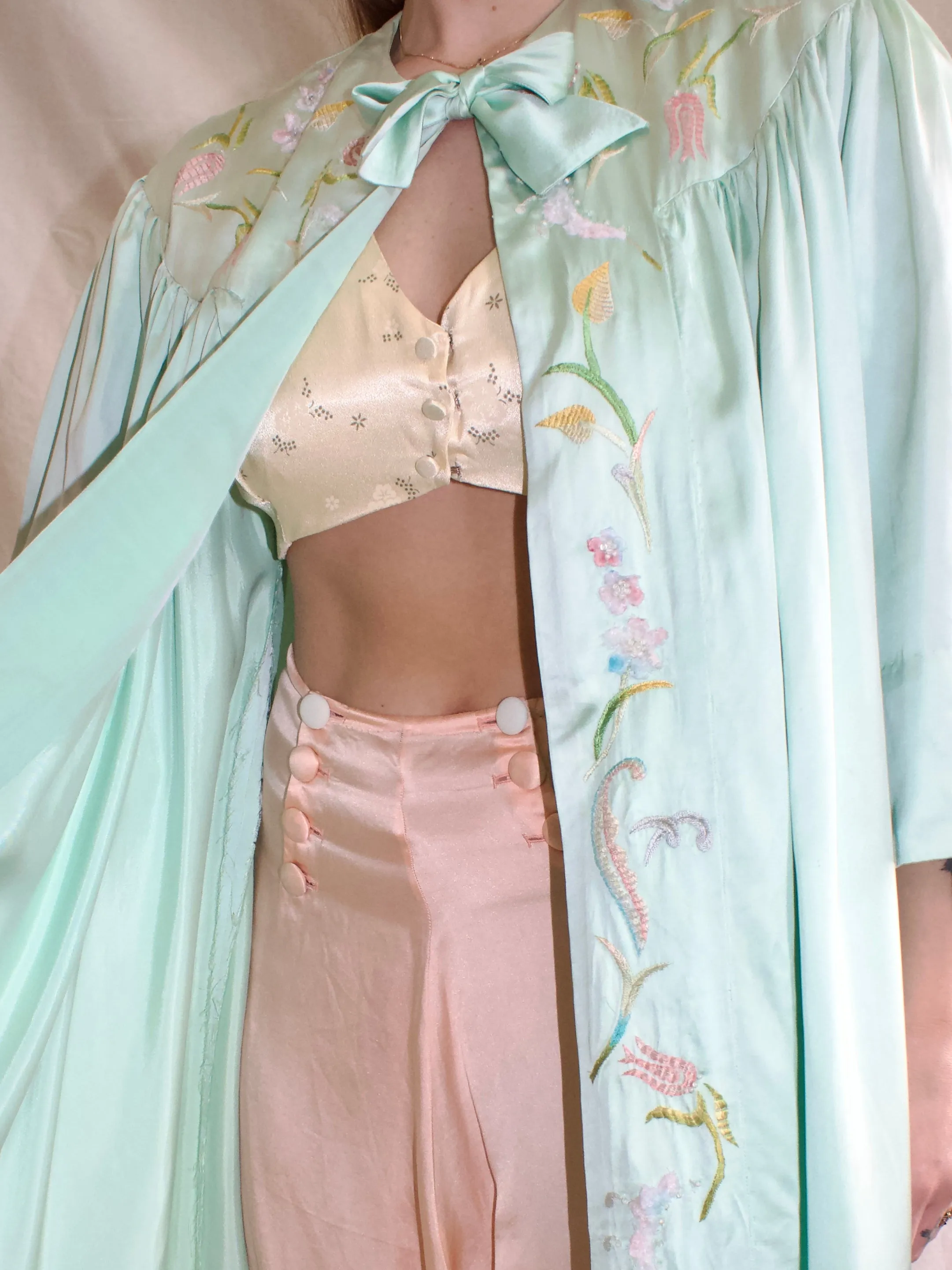 1940s Bell Sleeve Seafoam Tie Front Satin Peignoir Chenille Embroidery