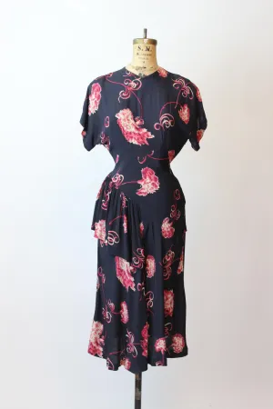 1940s NAN PARKER carnation print peplum dress small | new fall winter