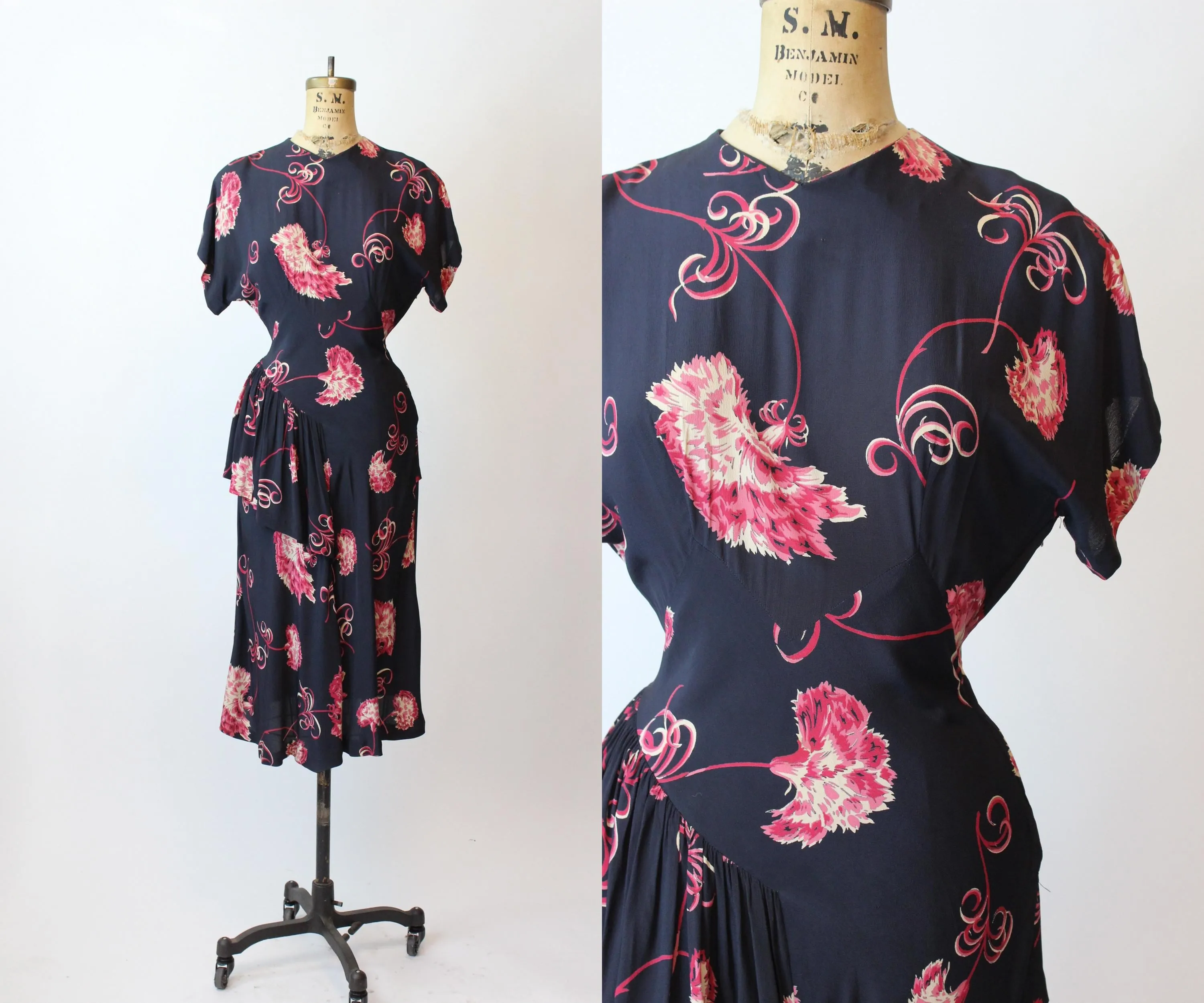 1940s NAN PARKER carnation print peplum dress small | new fall winter
