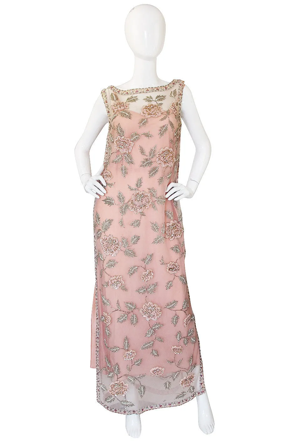 1960s French Hand Bead & Rhinestone Net Gown