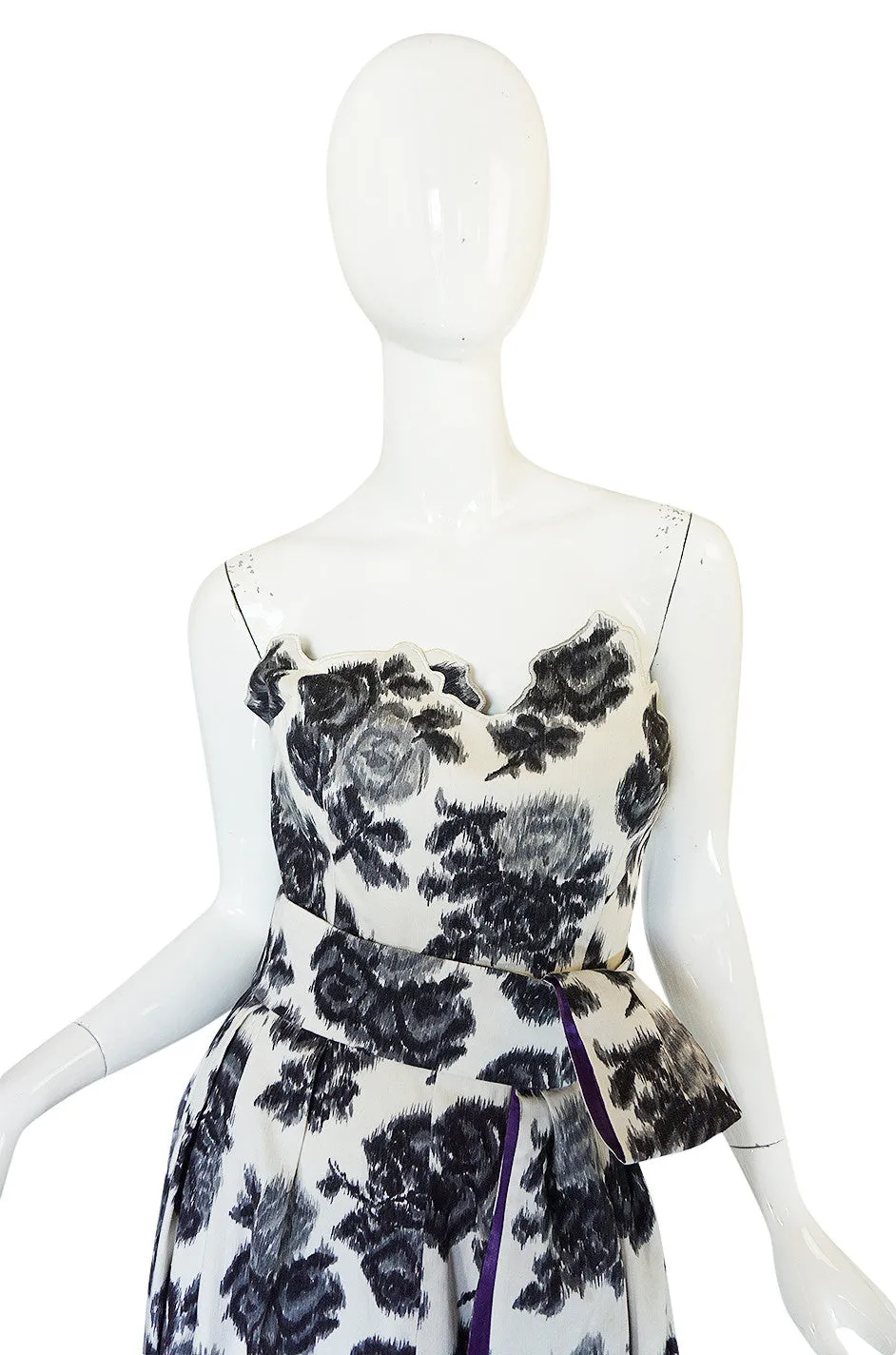 1960s Washed Graphic Floral Print Strapless Gown