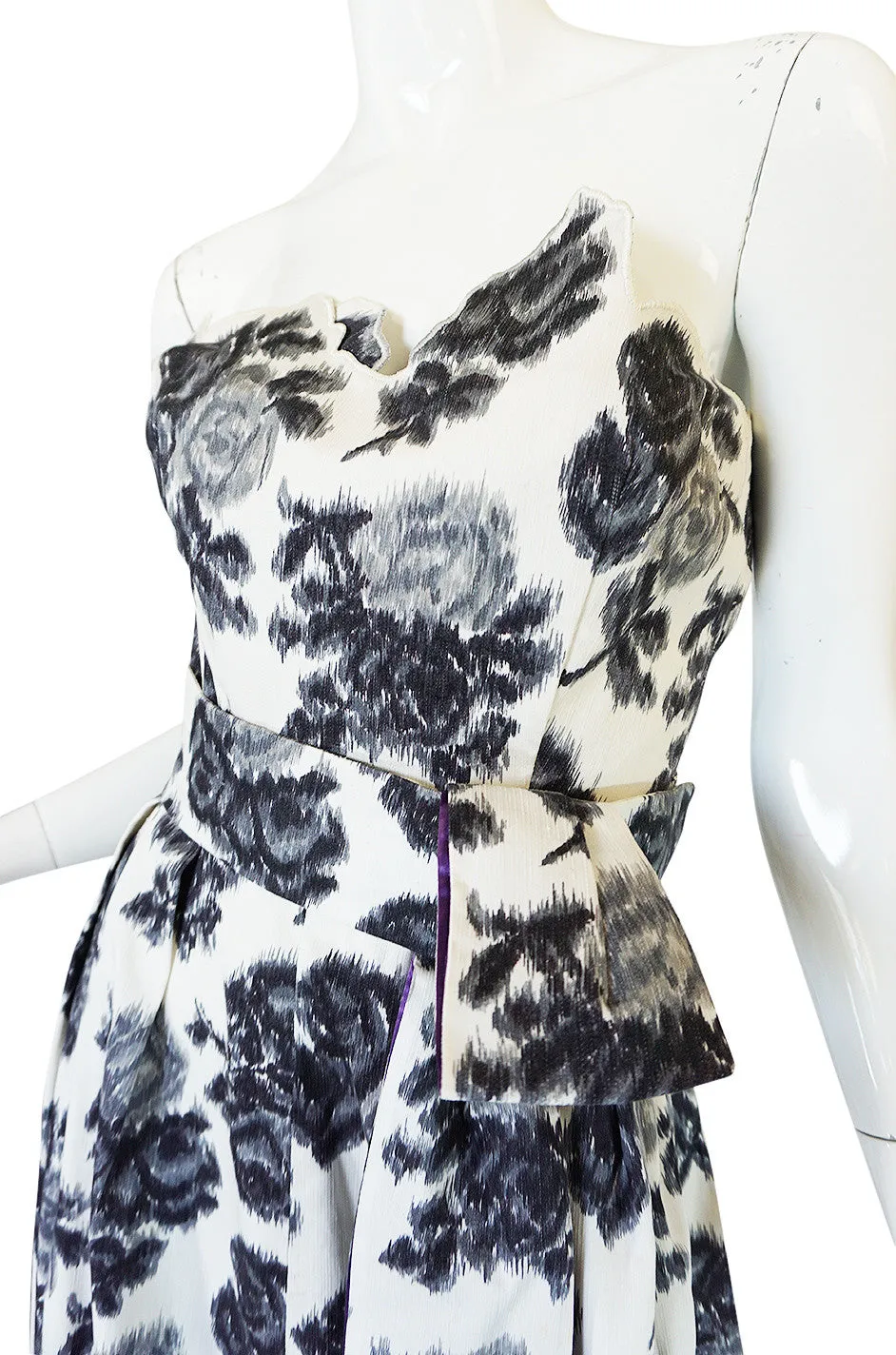 1960s Washed Graphic Floral Print Strapless Gown