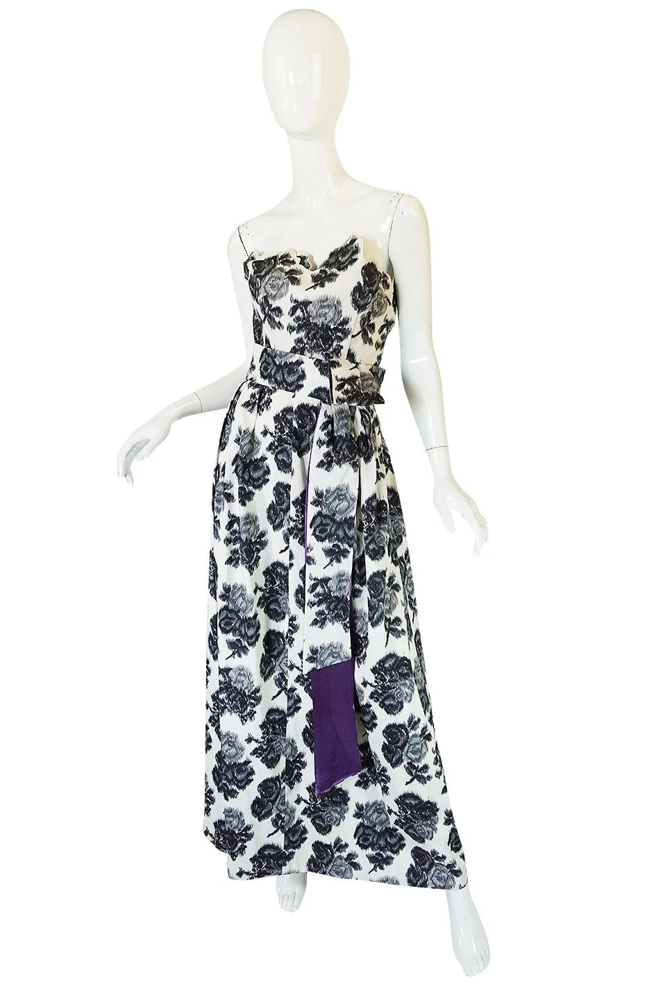 1960s Washed Graphic Floral Print Strapless Gown