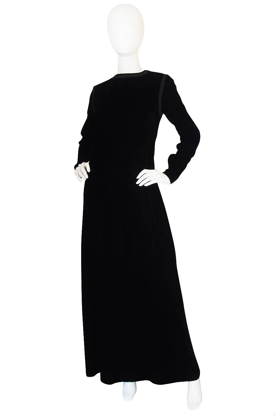 1970s Black Velvet & Braid Yves Saint Laurent Dress