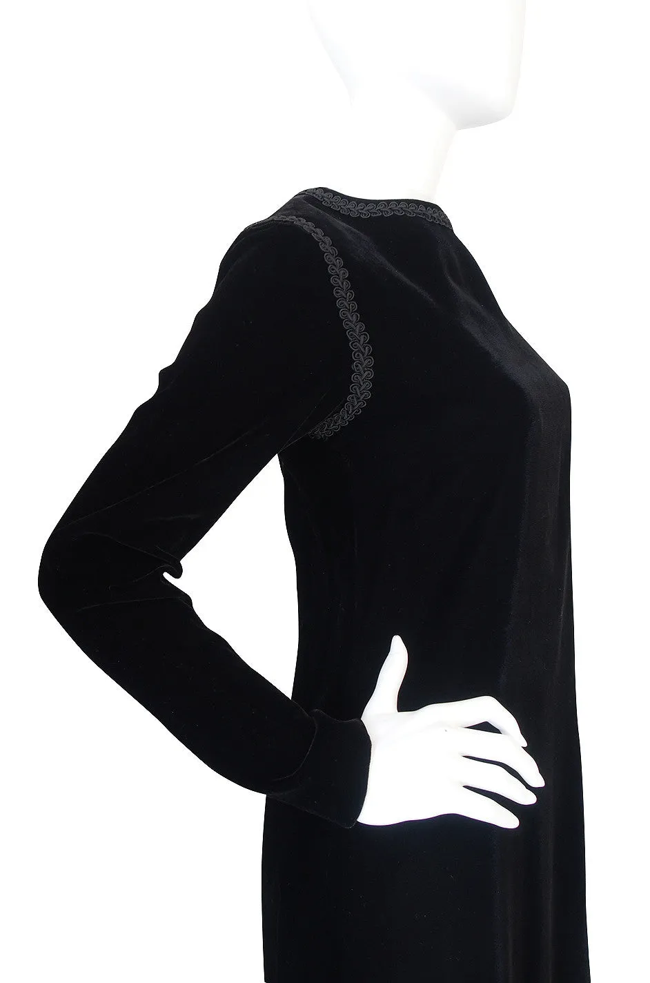 1970s Black Velvet & Braid Yves Saint Laurent Dress