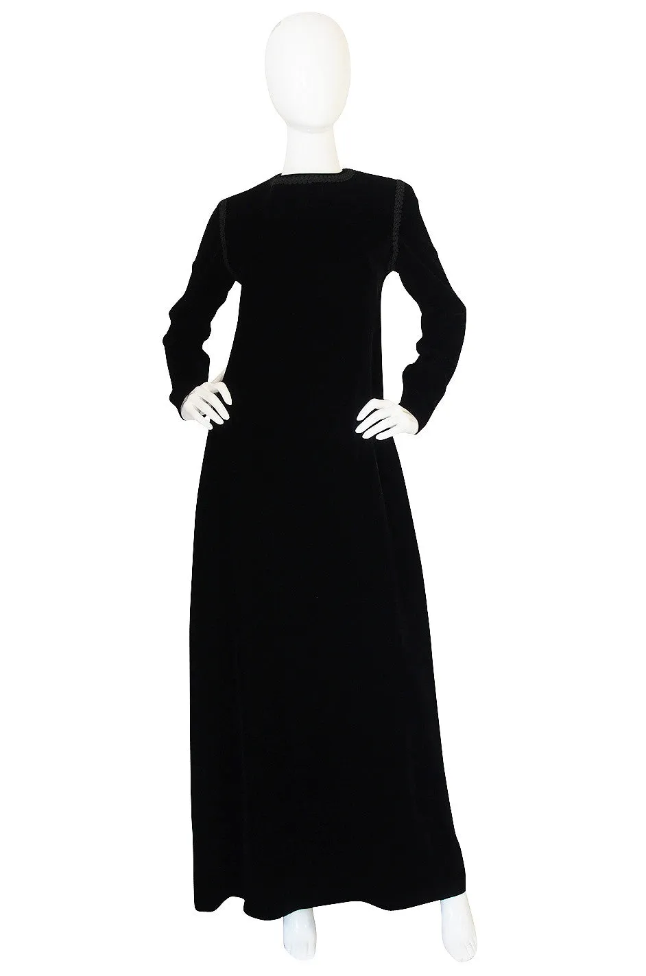 1970s Black Velvet & Braid Yves Saint Laurent Dress