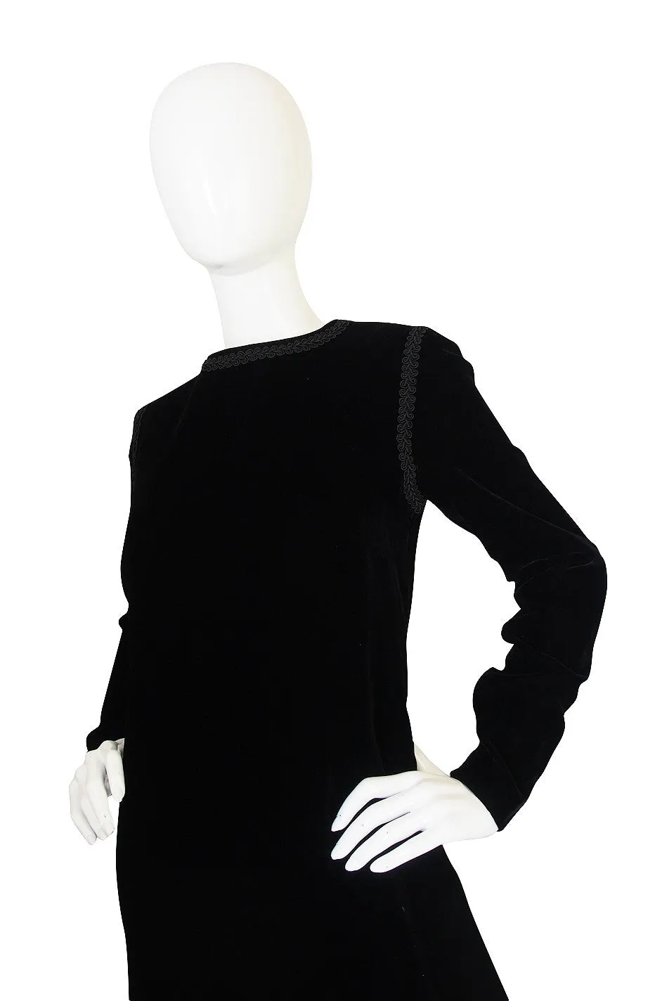 1970s Black Velvet & Braid Yves Saint Laurent Dress