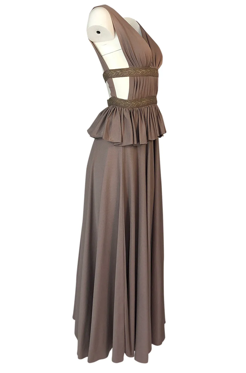1970s Jean Varon Grecian Inspired Plunging Front & Crossed Back Dress