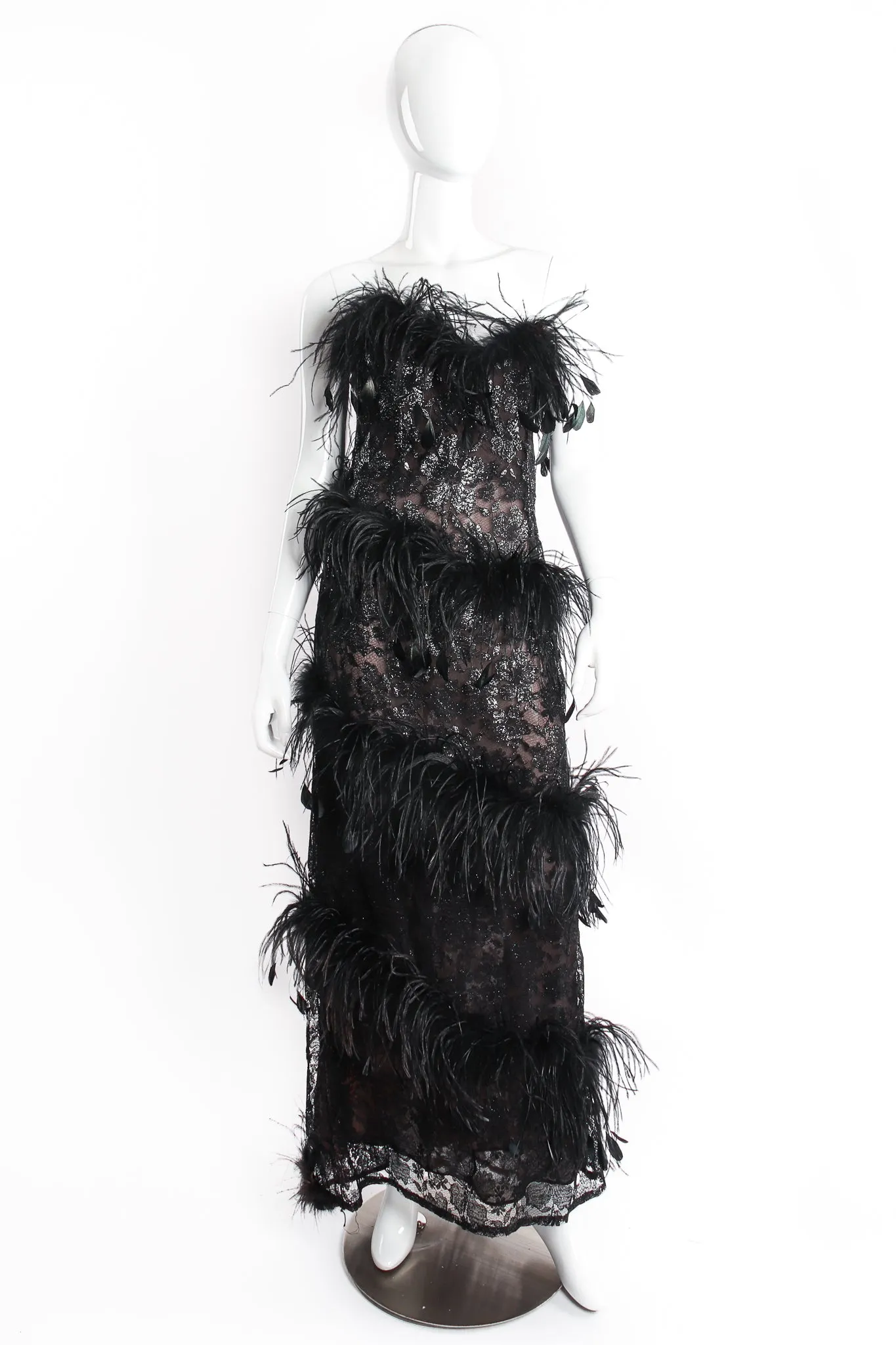 1988 Lace Feather Strapless Column Gown