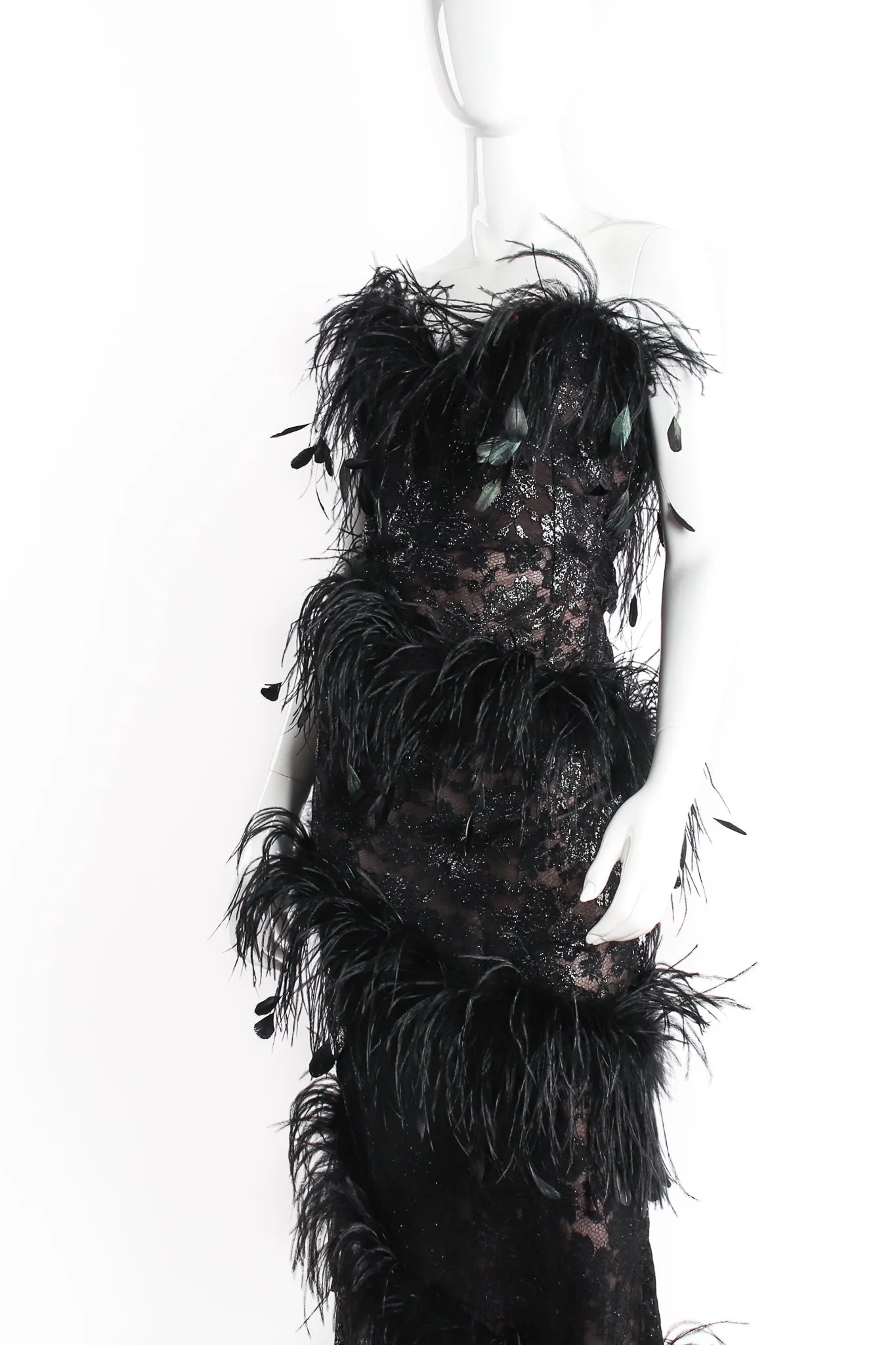 1988 Lace Feather Strapless Column Gown