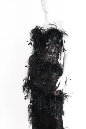 1988 Lace Feather Strapless Column Gown