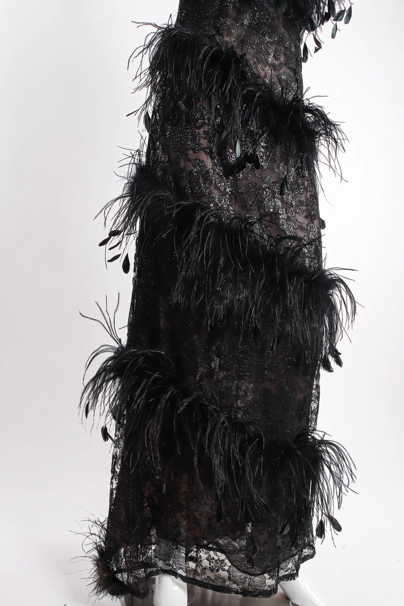 1988 Lace Feather Strapless Column Gown