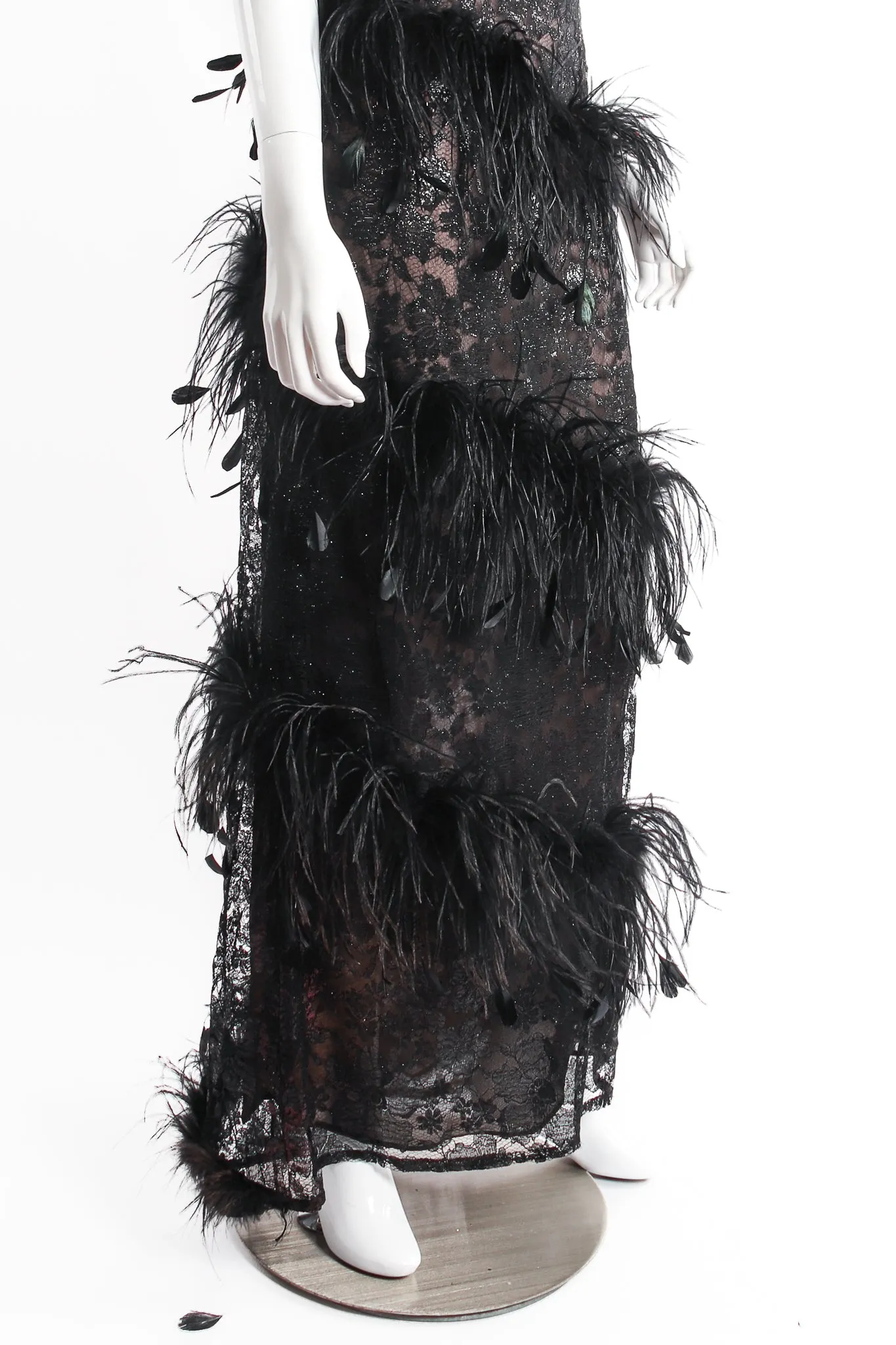 1988 Lace Feather Strapless Column Gown