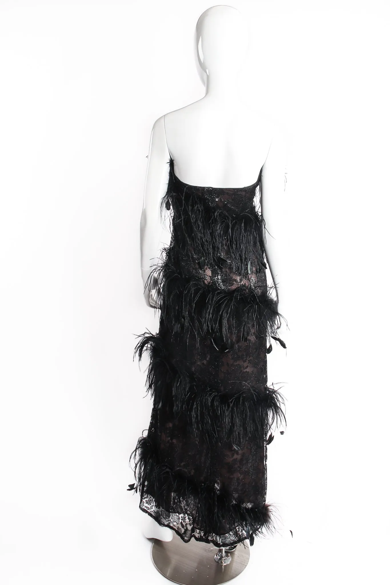 1988 Lace Feather Strapless Column Gown