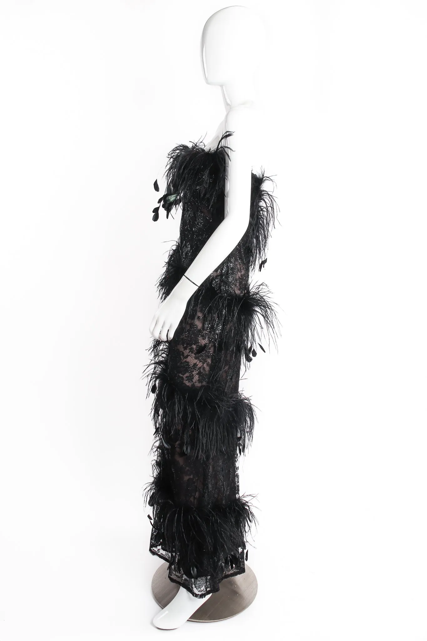 1988 Lace Feather Strapless Column Gown