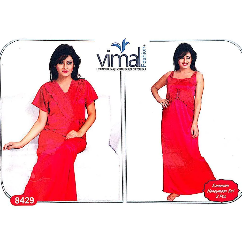 2 Pcs Nighty Set with Gown - V8429 - Satin Silk Nighty By Vimal Fashion