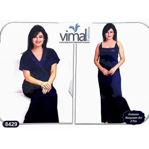 2 Pcs Nighty Set with Gown - V8429 - Satin Silk Nighty By Vimal Fashion