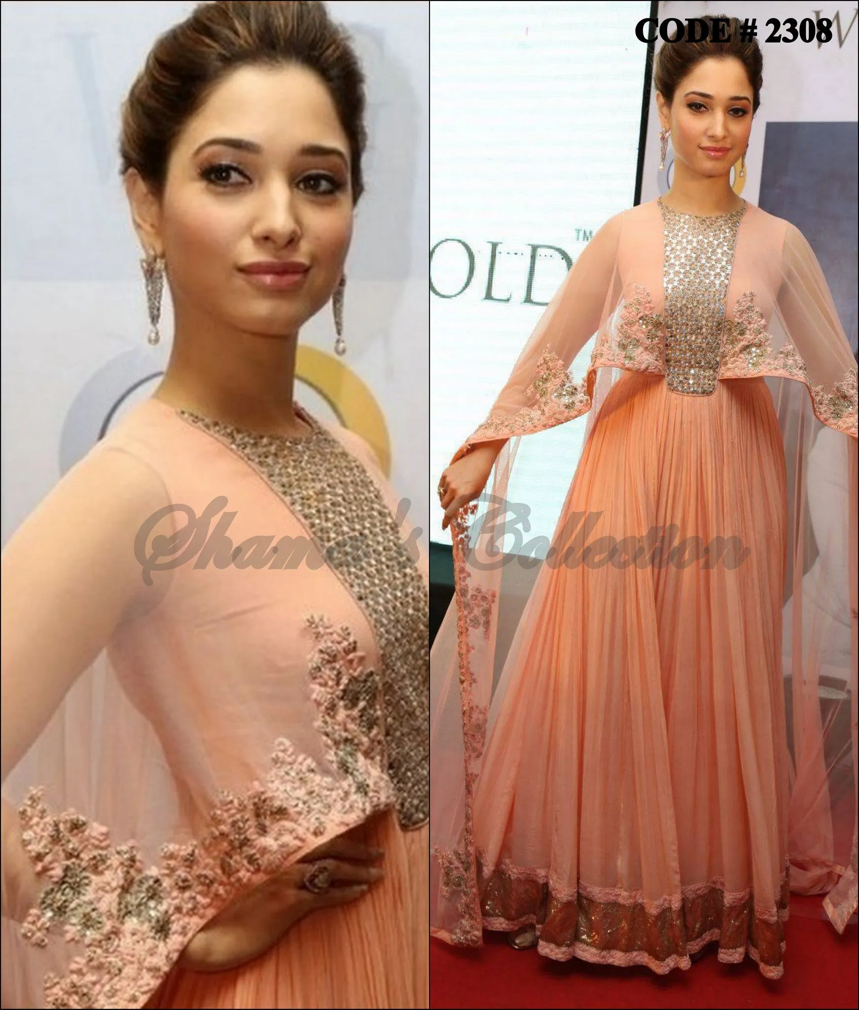 2308 Tamanna Bhatia's peach cape floor length anarkali outfit set
