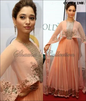 2308 Tamanna Bhatia's peach cape floor length anarkali outfit set