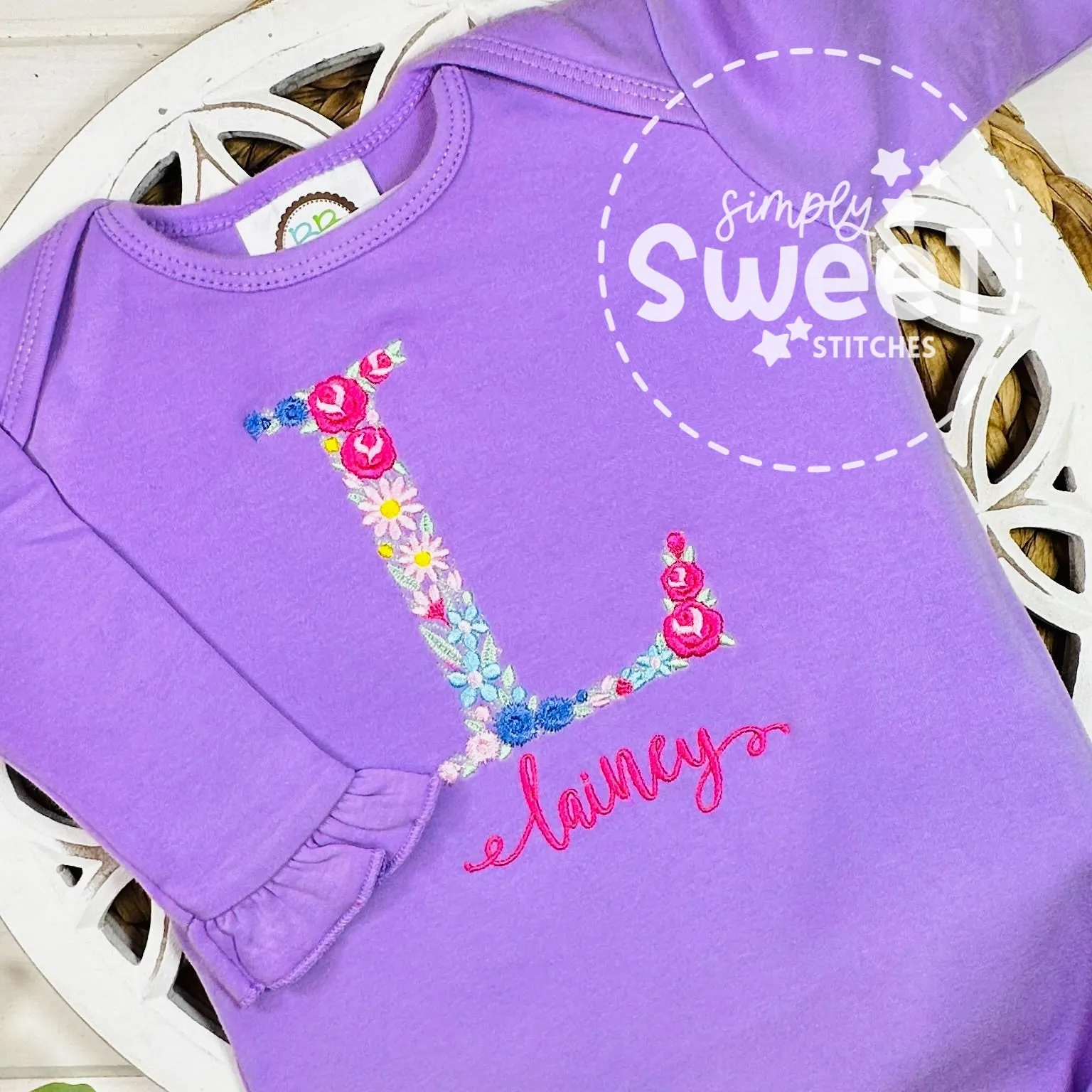 2413 - FLORAL INITIAL - EMBROIDERY BABY GOWN