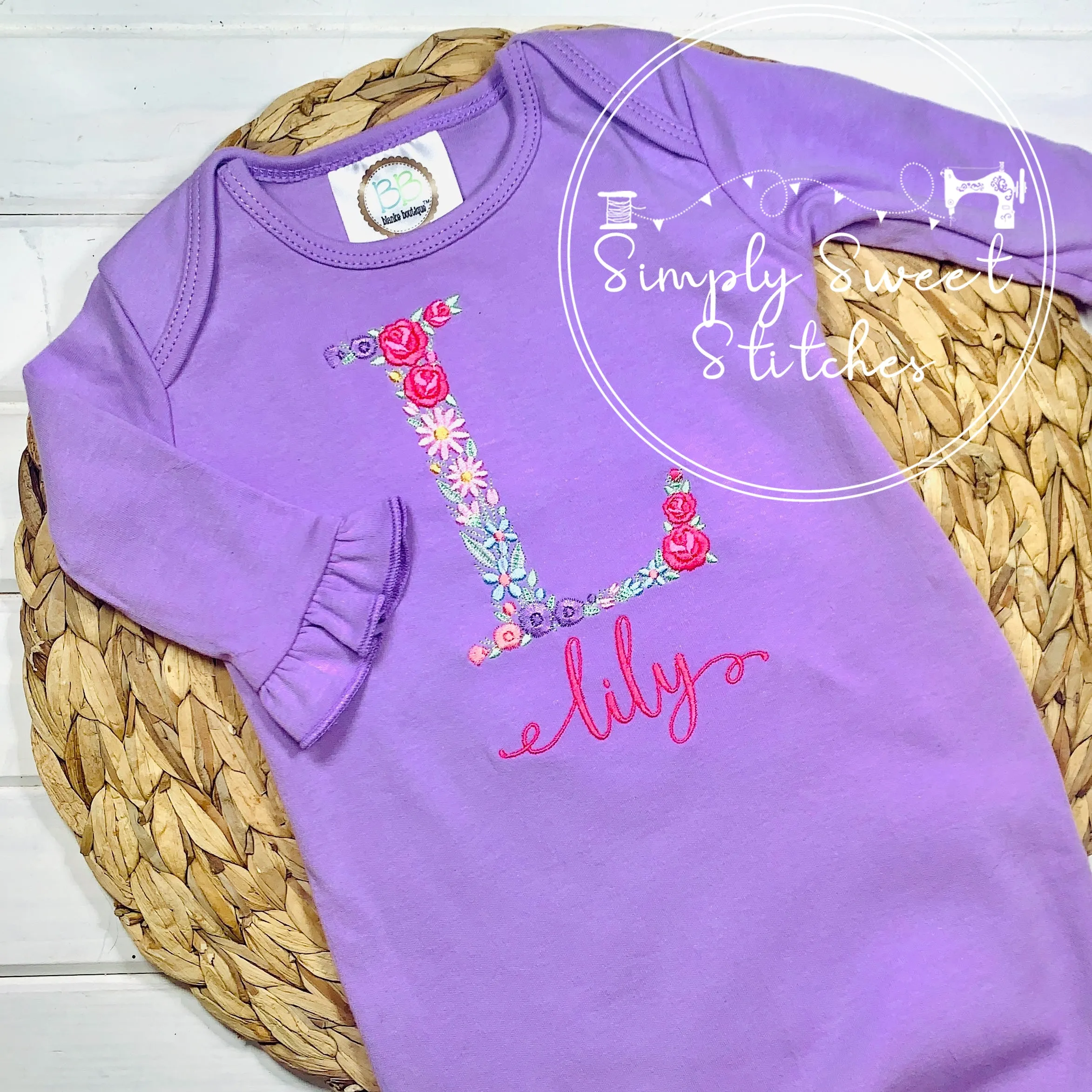2413 - FLORAL INITIAL - EMBROIDERY BABY GOWN