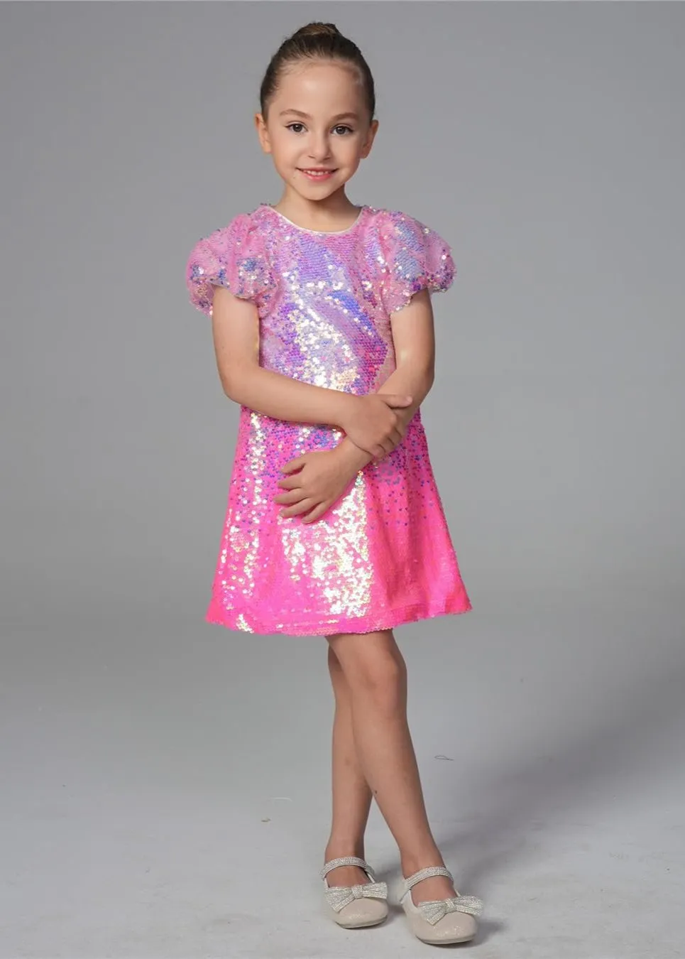 2Bunnies Girls' Bubble Gum Sequin Puff Sleeve Dress