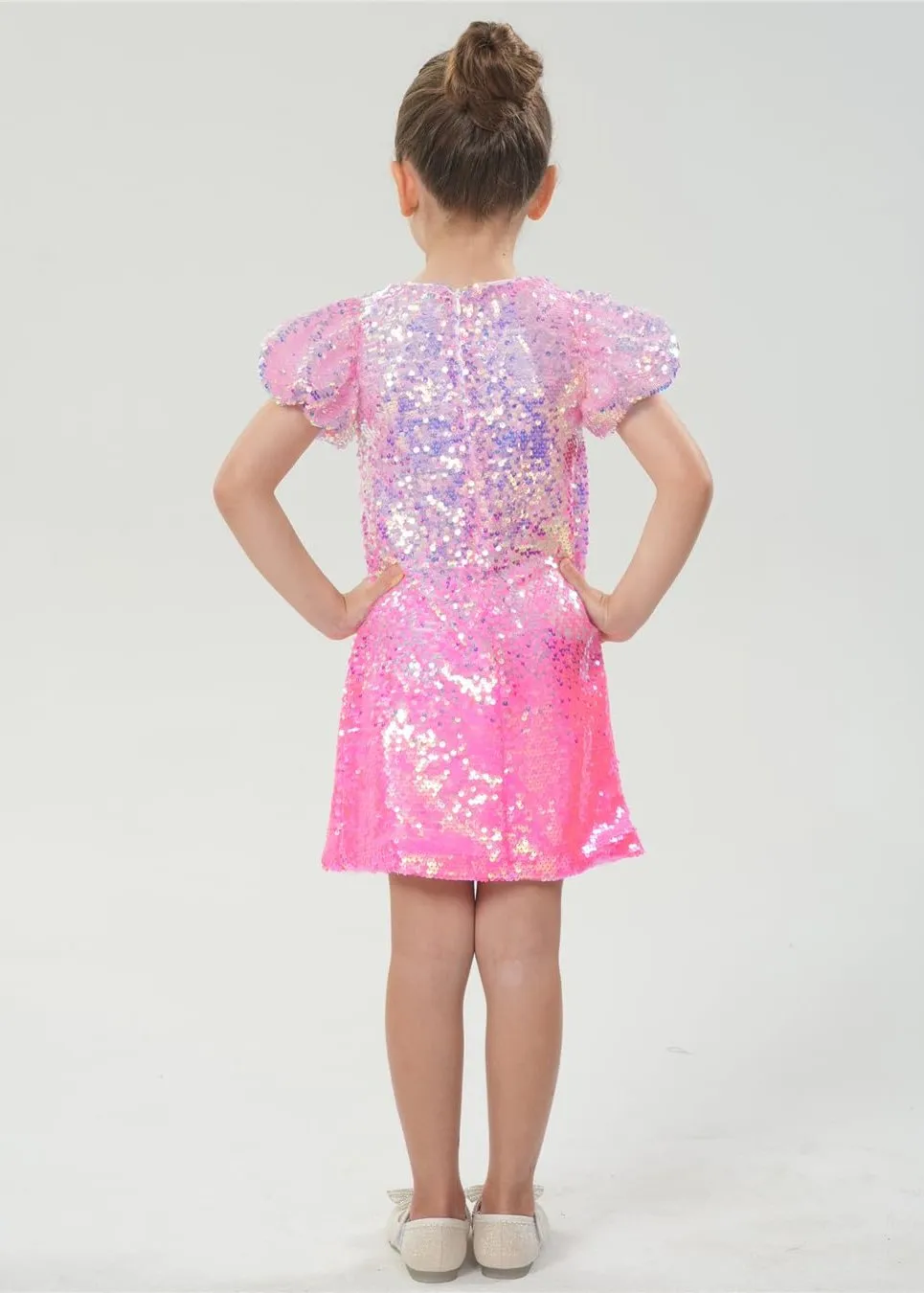 2Bunnies Girls' Bubble Gum Sequin Puff Sleeve Dress