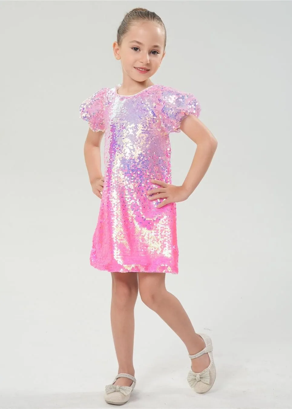 2Bunnies Girls' Bubble Gum Sequin Puff Sleeve Dress