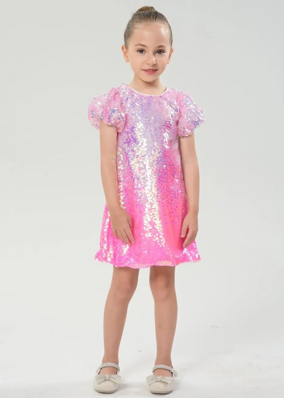 2Bunnies Girls' Bubble Gum Sequin Puff Sleeve Dress