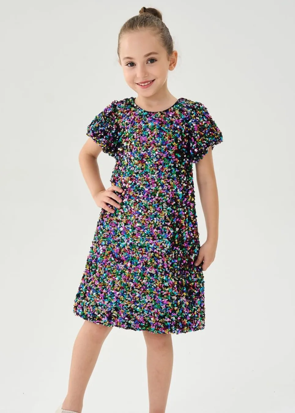 2Bunnies Girls' Colorful Stardust Sequin Puff Sleeve Dress