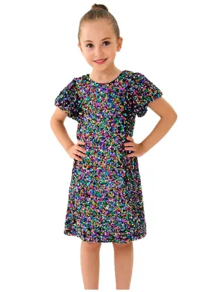 2Bunnies Girls' Colorful Stardust Sequin Puff Sleeve Dress