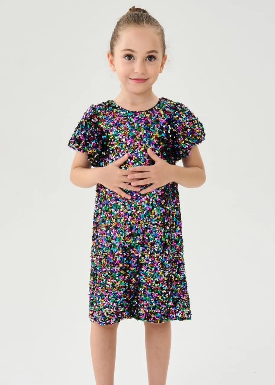 2Bunnies Girls' Colorful Stardust Sequin Puff Sleeve Dress