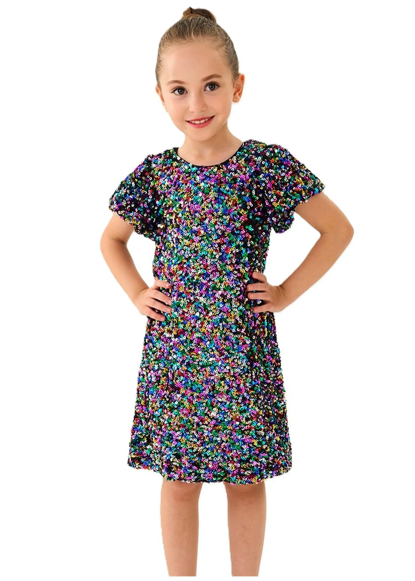 2Bunnies Girls' Colorful Stardust Sequin Puff Sleeve Dress