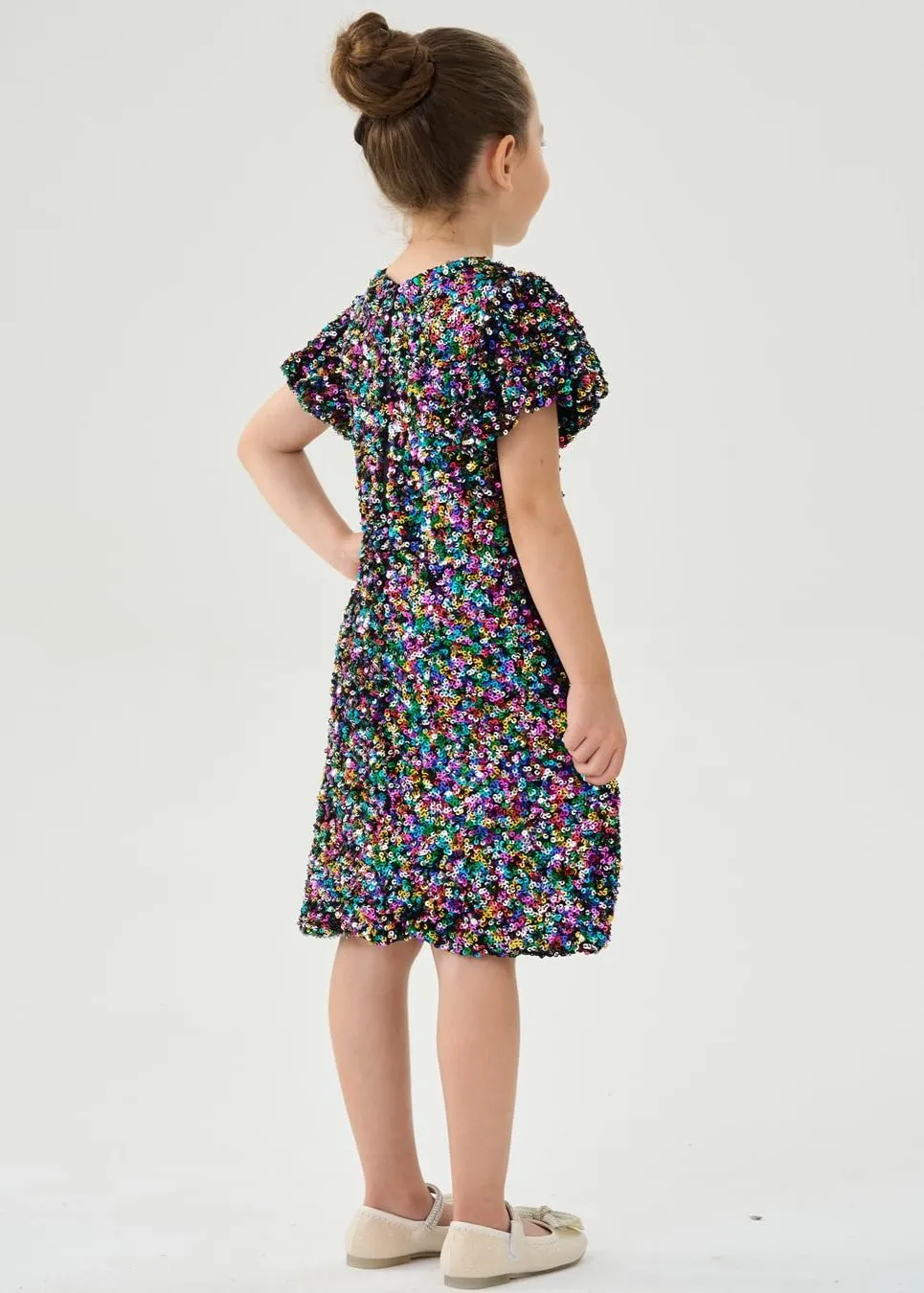 2Bunnies Girls' Colorful Stardust Sequin Puff Sleeve Dress