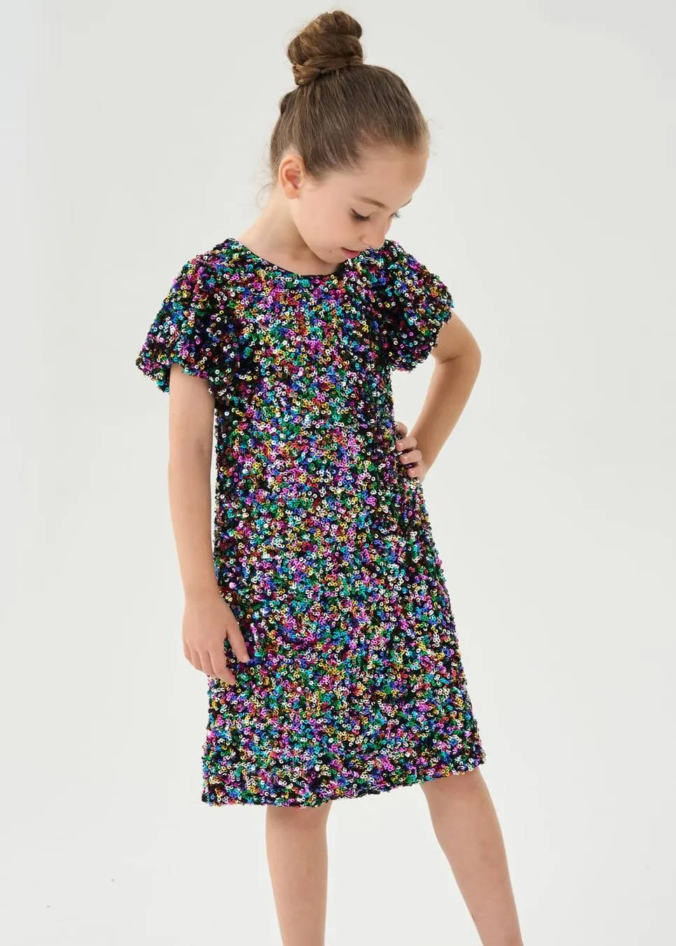 2Bunnies Girls' Colorful Stardust Sequin Puff Sleeve Dress