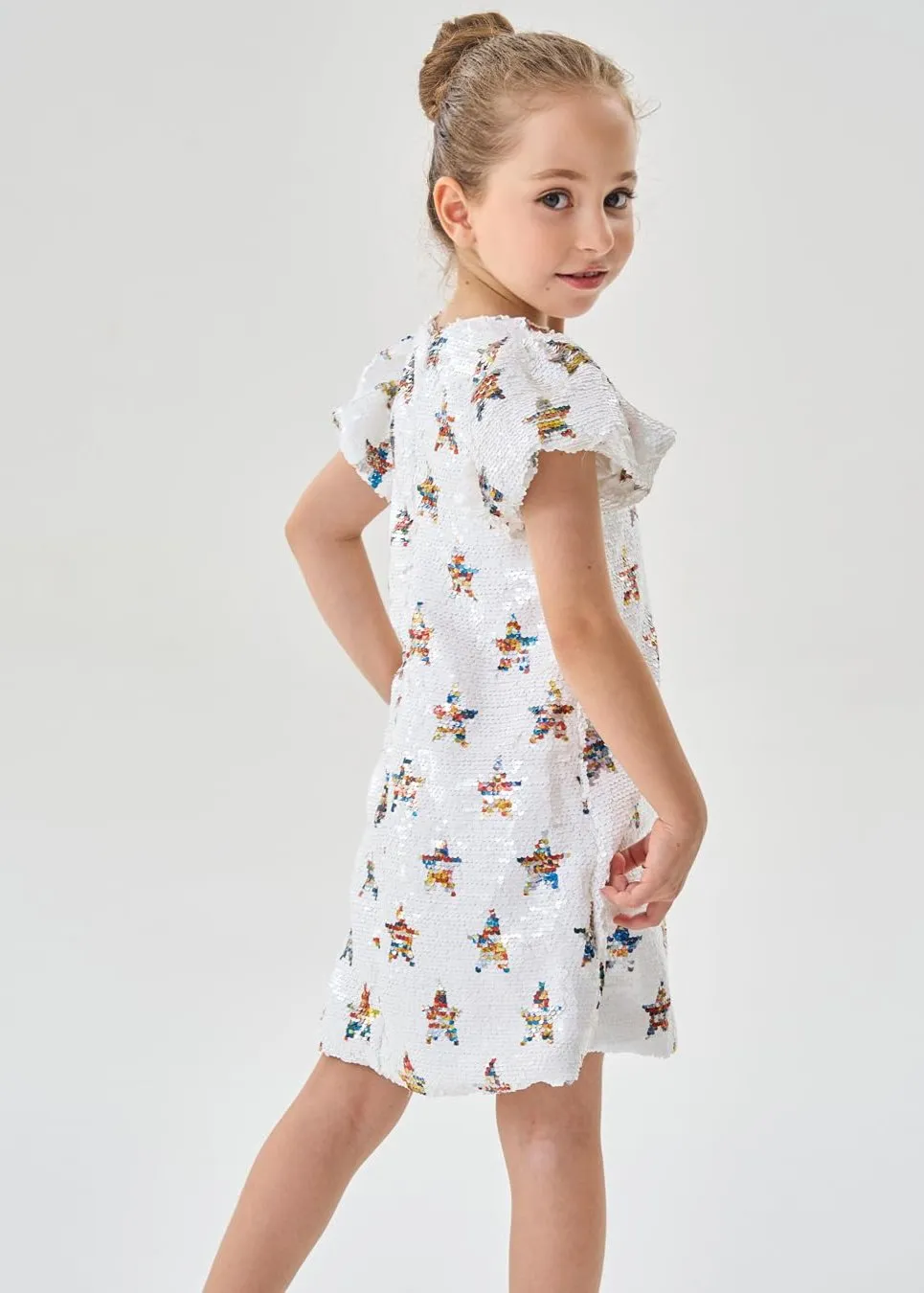 2Bunnies Girls' Galaxy Star Sequin Puff Sleeve Dress