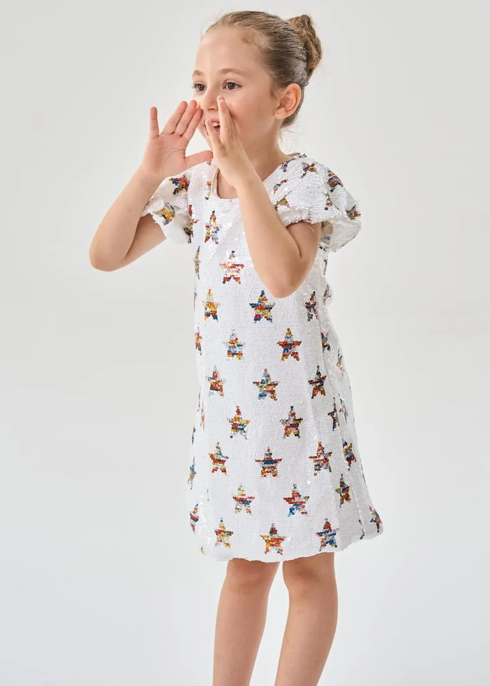 2Bunnies Girls' Galaxy Star Sequin Puff Sleeve Dress