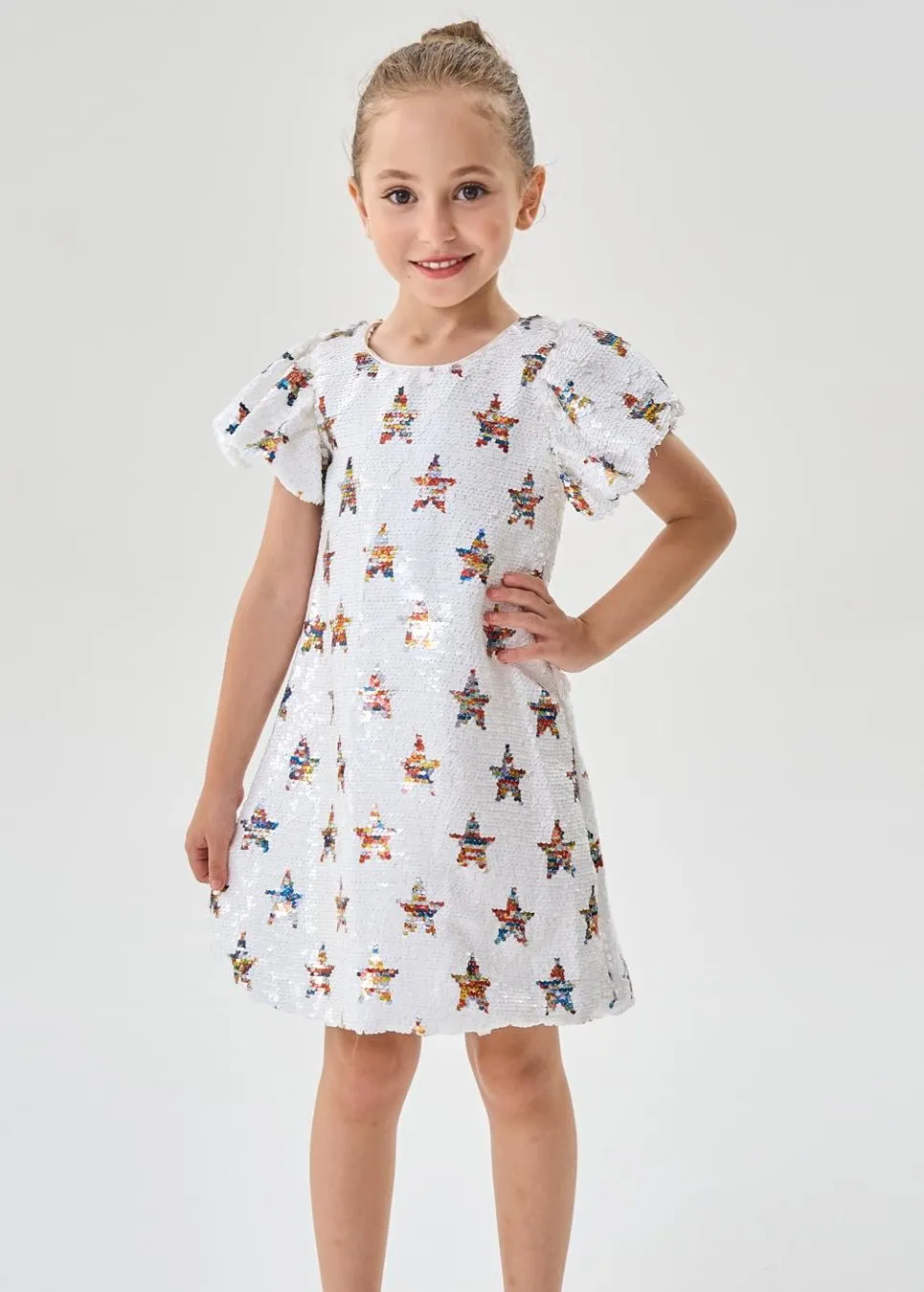 2Bunnies Girls' Galaxy Star Sequin Puff Sleeve Dress