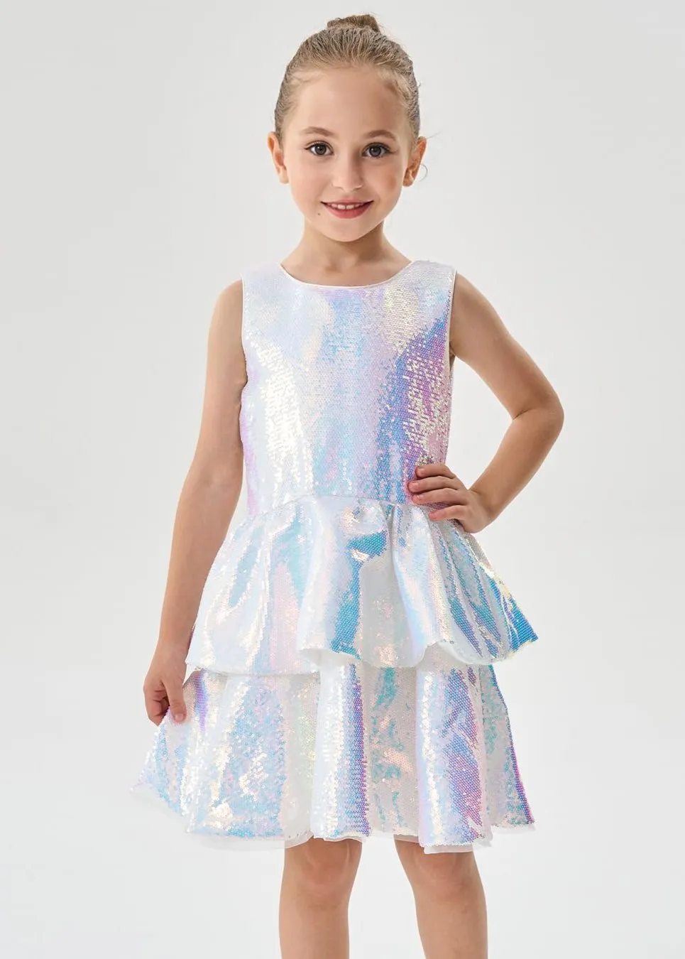 2Bunnies Girls' Shimmering Silver Tiered Sequin Dress