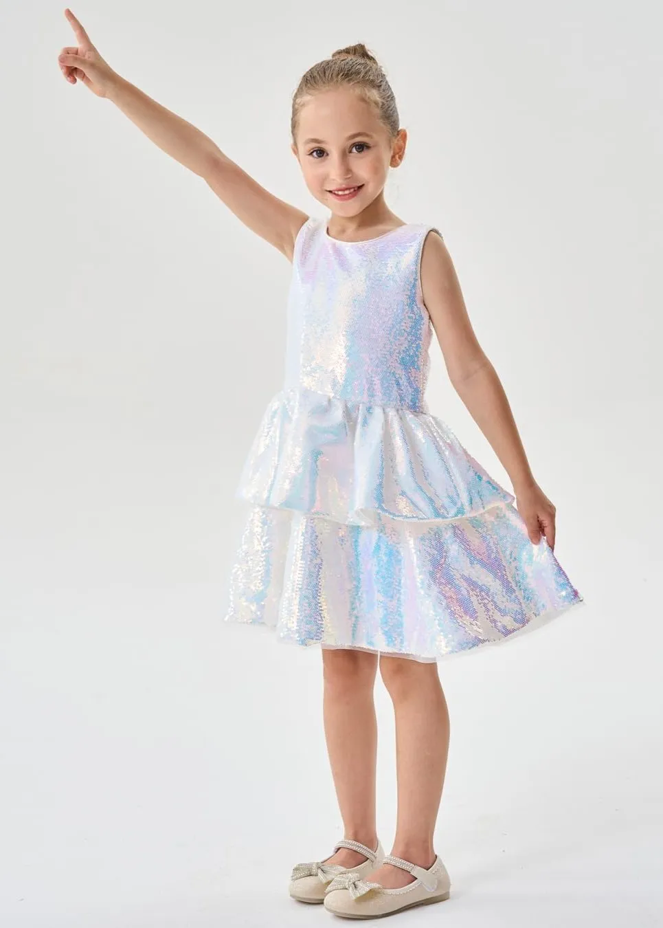 2Bunnies Girls' Shimmering Silver Tiered Sequin Dress
