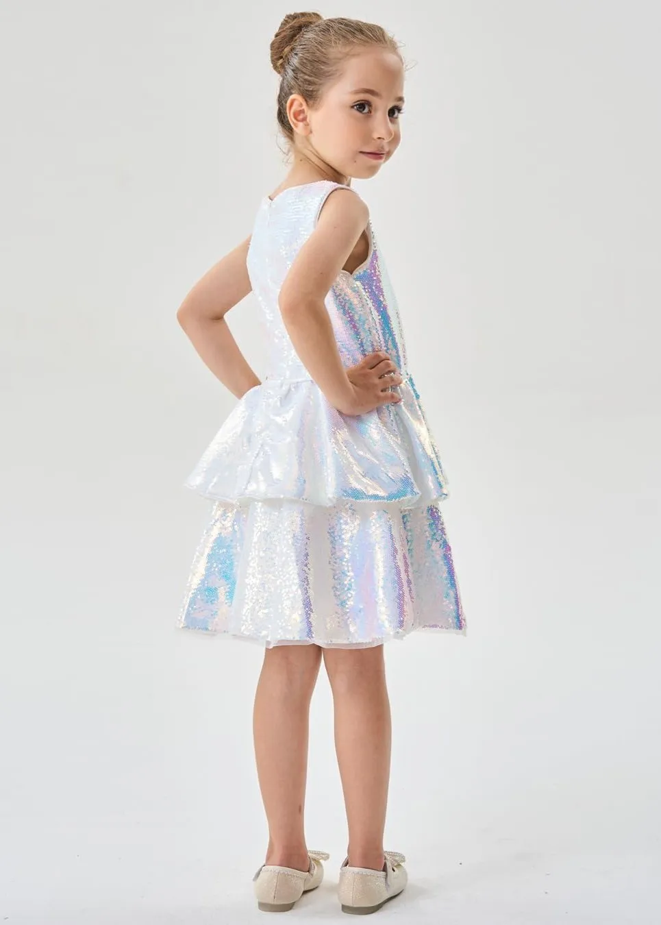 2Bunnies Girls' Shimmering Silver Tiered Sequin Dress