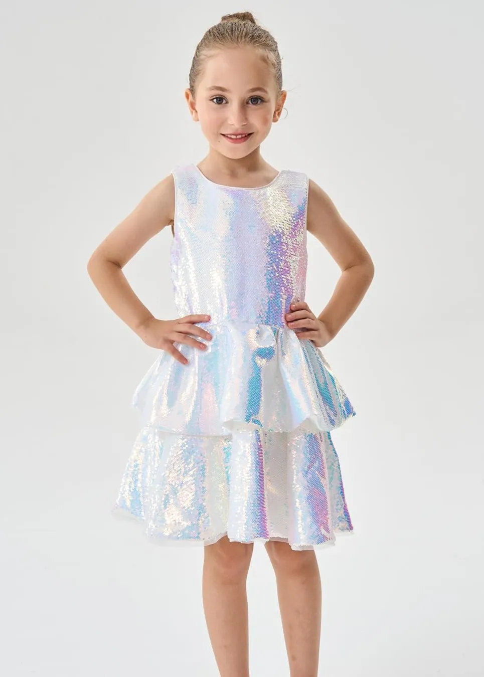 2Bunnies Girls' Shimmering Silver Tiered Sequin Dress