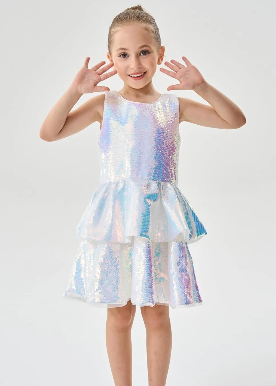 2Bunnies Girls' Shimmering Silver Tiered Sequin Dress
